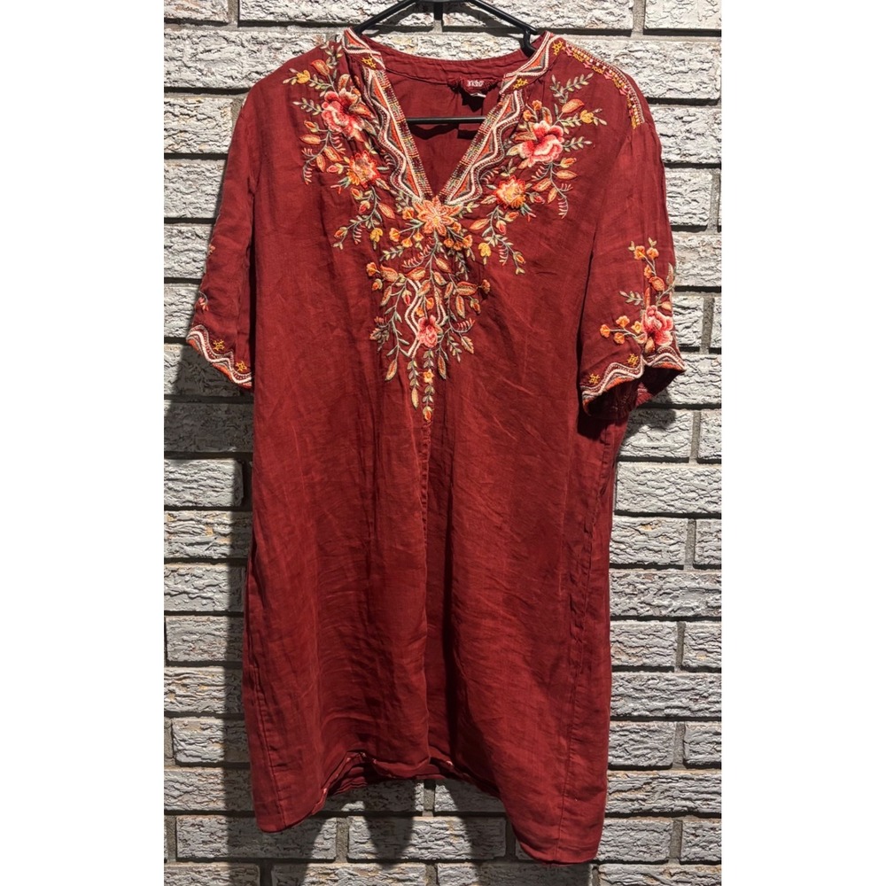 Johnny Was Workshop Rust Red Ramie Floral Embroidered Tunic Top W39420-2 Small